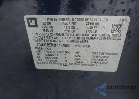 2015 Chevrolet Equinox 1Lt from USA, damaged, VIN 2GNALBEK3F1134586